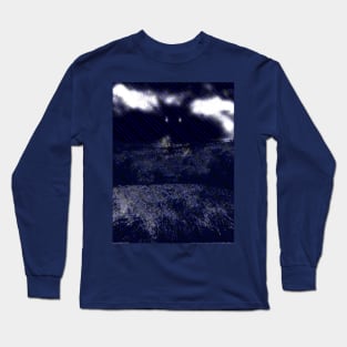 Digital collage and special processing. I am standing in field, and big, dark monster looking on me. Grayscale and blue dotted lines. Long Sleeve T-Shirt